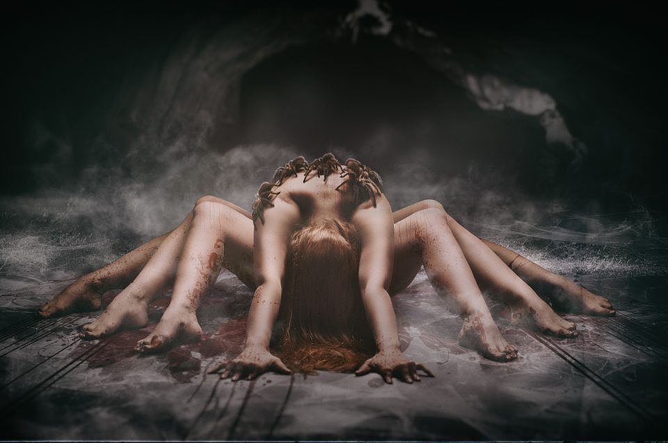 An image composite showing a model repeated 3 times, covered in tarantula spiders